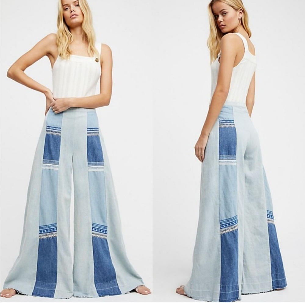 Free People Denim Patchwork Wide Leg Jeans